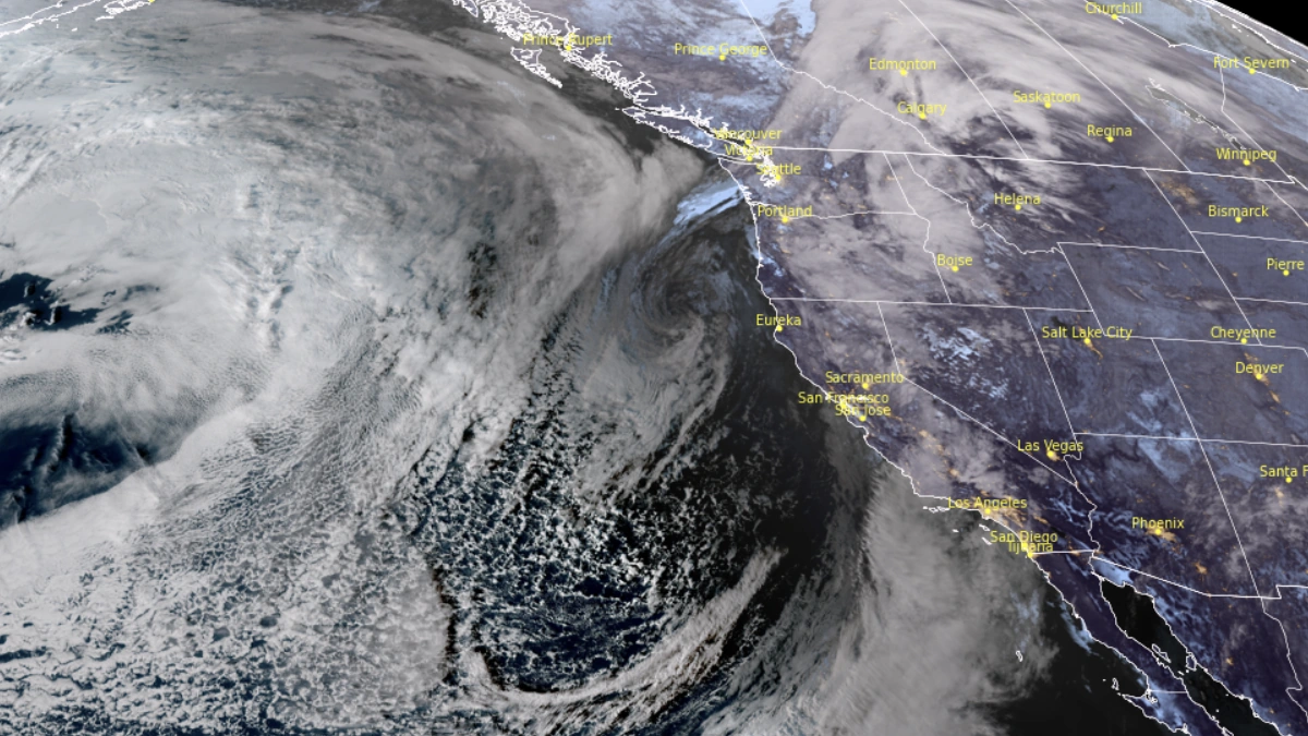Satellite image of Atmospheric river affecting California at 00:50 UTC on November 14, 2025. Credit: NOAA/GOES-18, RAMMB/CIRA, The Watchers