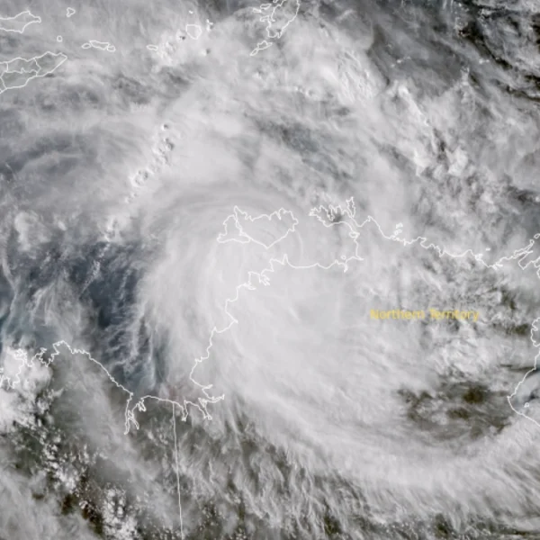 Satellite image of Category 3 Tropical Cyclone Fina at 07:30 UTC on November 22, 2025. Credit: JMA/Himawari-9, RAMMB/CIRA, The Watchers