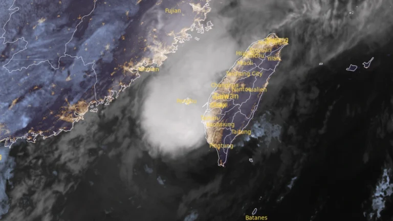 Satellite image of Tropical Storm Fung Wong near Taiwan at 09:50 UTC on November 12, 2025. Credit: JMA/Himawari-9, RAMMB/CIRA, The Watchers