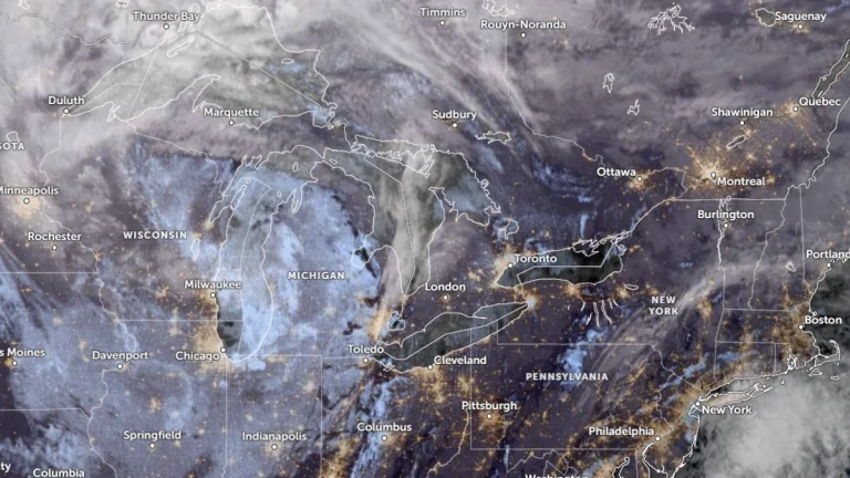 Satellite image of the Great Lakes Region on at 12:50 UTC on November 26, 2025