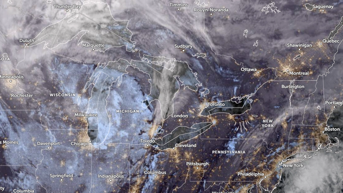 Satellite image of the Great Lakes Region on at 12:50 UTC on November 26, 2025