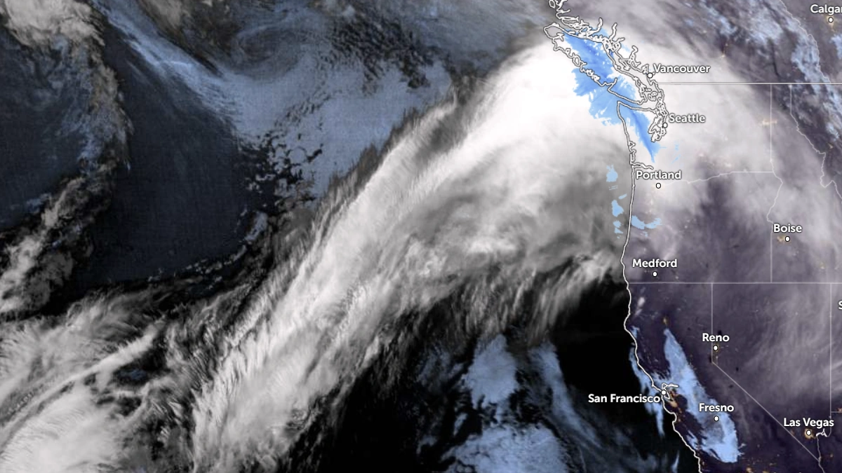 Satellite image of AR over the Pacific as of 11:30 UTC on November 25, 2025. Credit: NOAA/GOES-19, Zoom Earth, The Watchers