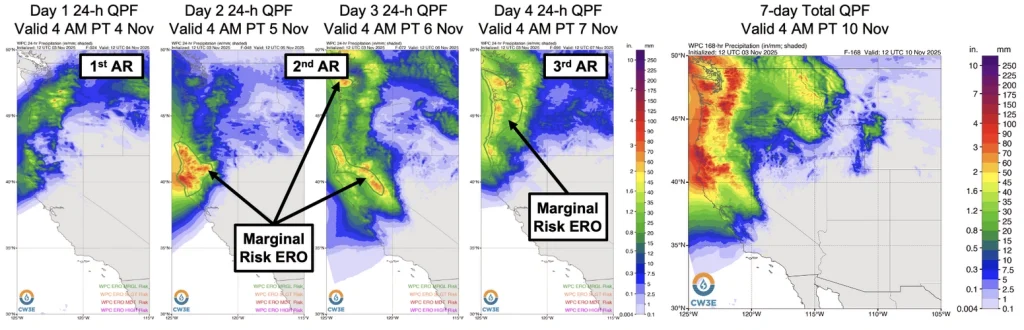 WPC Precipitation forecasts for the US West Coast and the Pacific Northwest from November 4 to November 10, 2025