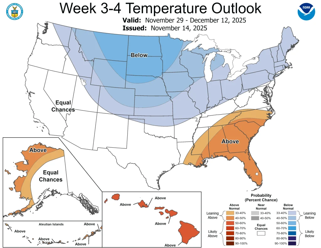 Week 3-4 temperature outlook for the US by NOAA CPC issued-Novmber 14, 2025, Valid -November 29 to December 12, 2025