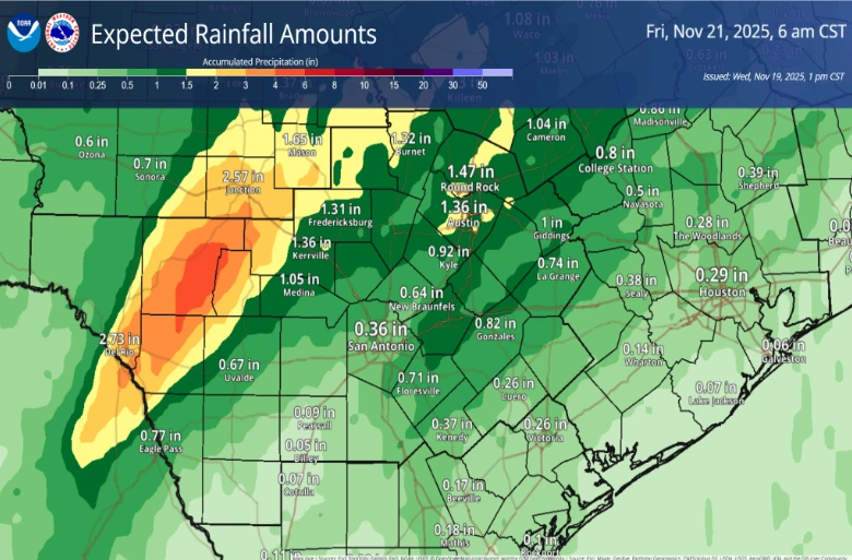expected rainfall amounts nov 19-21 2025 tx