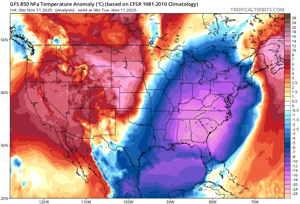 gfs 850hpa temperature anomaly 06z november 11 2025