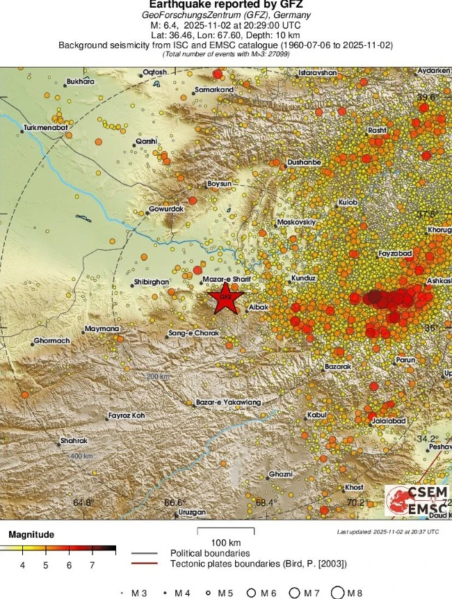 M6.3 earthquake in central Afghanistan on November 2, 2025