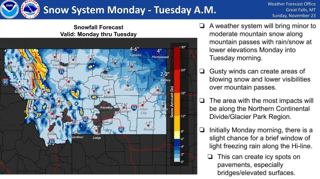 snow system montana snowfall forecast november 24 and 25 2025