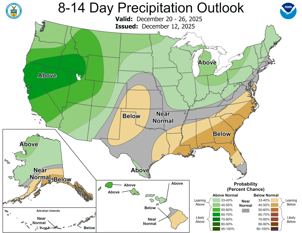 814prcp outlook by CPC as of November 13, 2025. Credit NOAA CPC