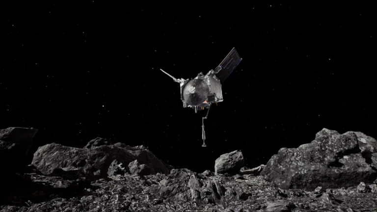 An artistic visualization of the OSIRIS-REx spacecraft descending towards asteroid Bennu to collect a sample-1