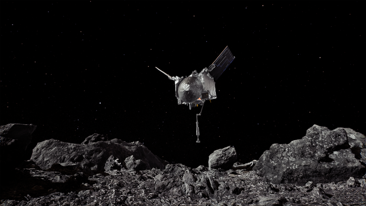 An artistic visualization of the OSIRIS-REx spacecraft descending towards asteroid Bennu to collect a sample-1