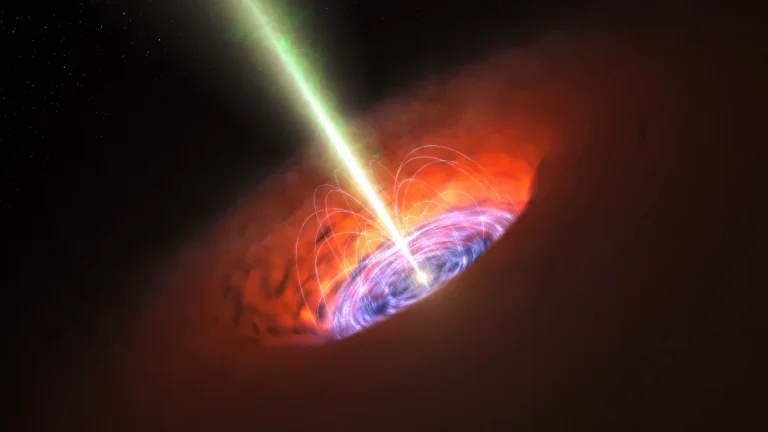 An artist's conception of a supermassive black hole surrounded by an accretion disk and emitting a relativistic jet