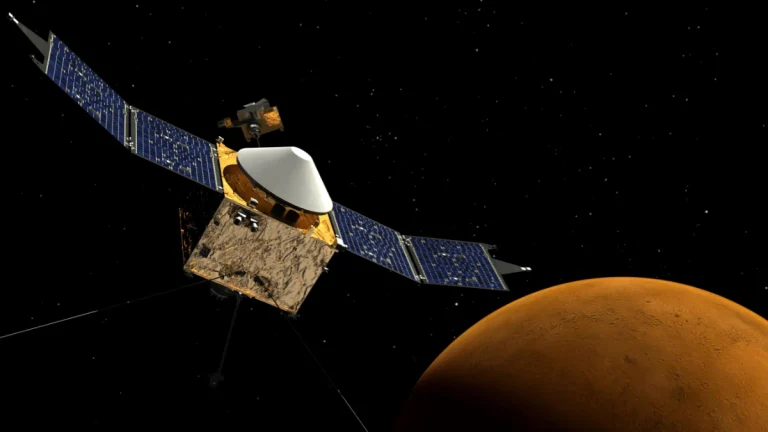 Artists concept of NASA's MAVEN orbiter around Mars