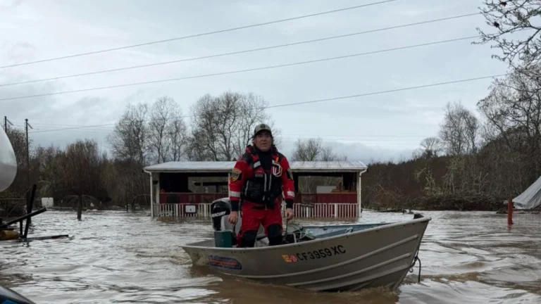 Boat being used to conduct water rescues in Freshwater area after atmospheric river brings deadly floods to northern California