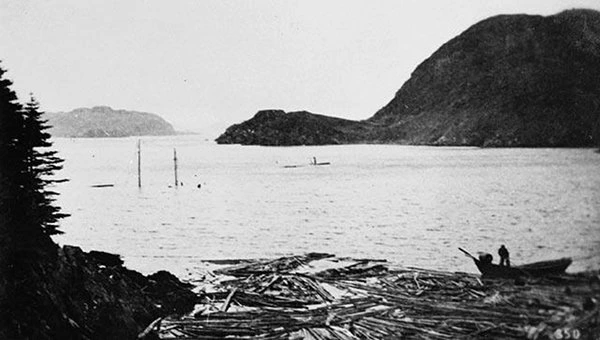 Cleanup along the shore. Note the masts of a submerged sailing ship in the bay, possibly the Port au Bras harbour