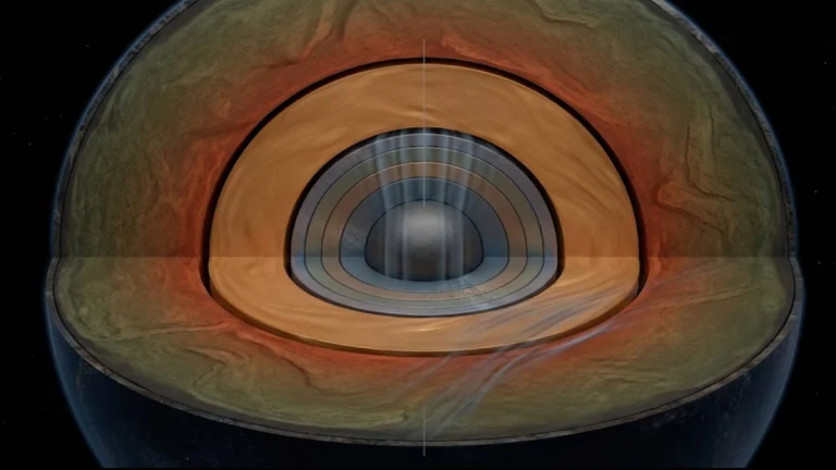 Conceptual visualization of Earth’s inner core showing chemically stratified, onion-like layering within solid iron alloys