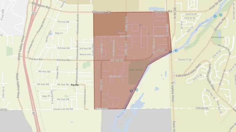 Evacuation zone map for city of Pacific due to White River Levee breach on December 16, 2025. King COunty Emergency Alerts