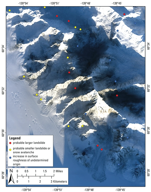 Figure 3. Landsat 9 true color, pan-sharpened satellite image collected on December 10, 2025, showing landslides triggered by the M7.0 Hubbard Glacier Earthquake on the slopes of Mount King George. Landslide points were mapped from SAR change detection (e.g., Figure 2).