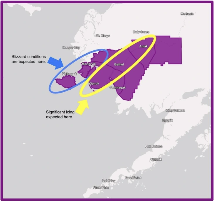 Map of areas under Ice Storm Warning on December 3, 2025. Credit: NWS