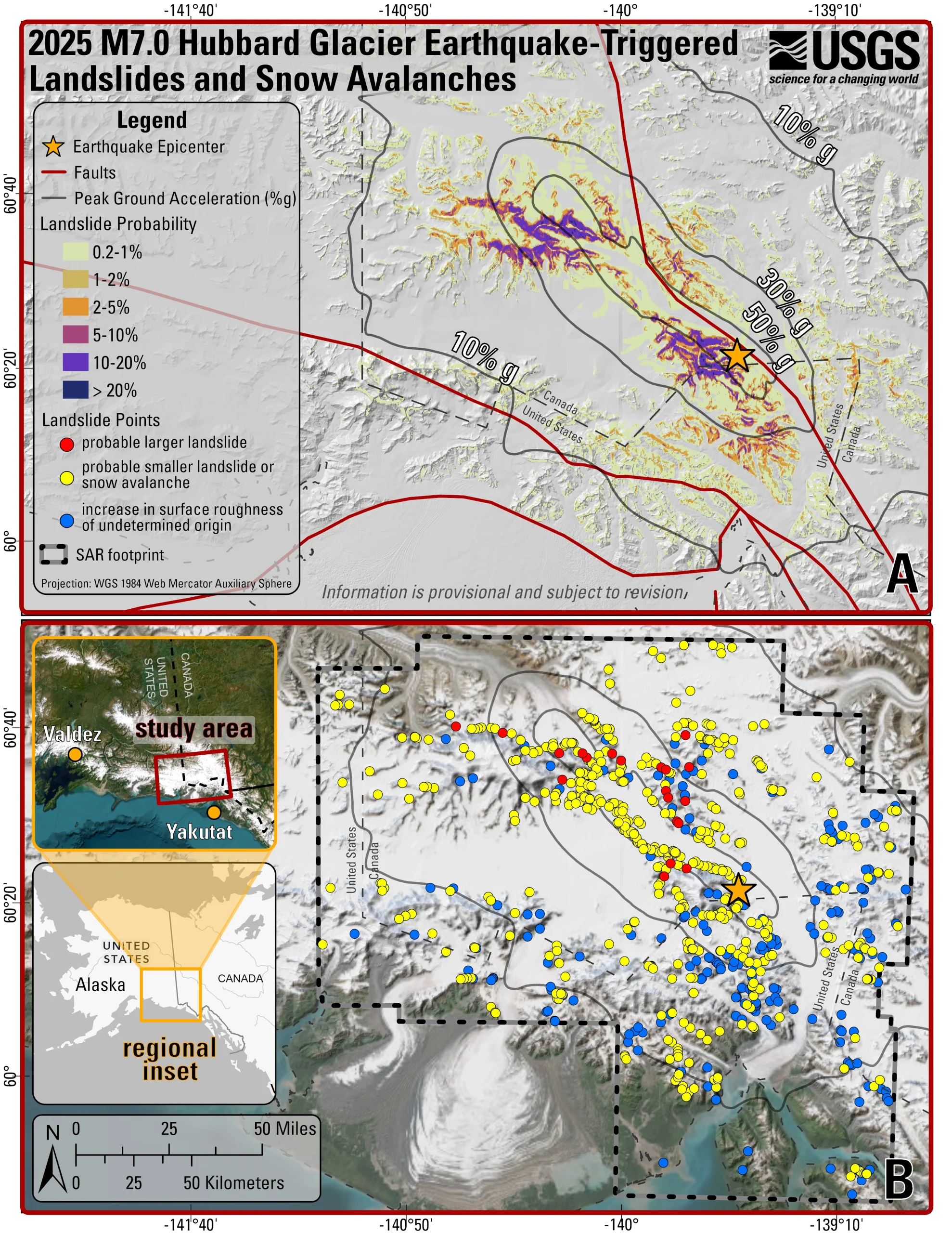 Figure 1. Overview maps at the same scale showing the epicenter of the M7.0 Hubbard Glacier Earthquake and modeled peak ground acceleration contours3. A) shows the probability of landslides triggered by the earthquake3 and mapped faults4, and B) shows the locations of landslides mapped using synthetic aperture radar (SAR) change detection. Credit: USGS