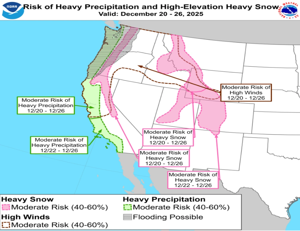 Risk of heavy precipitation and high elevation heavy snow between December 20--26, 2025 by CPC