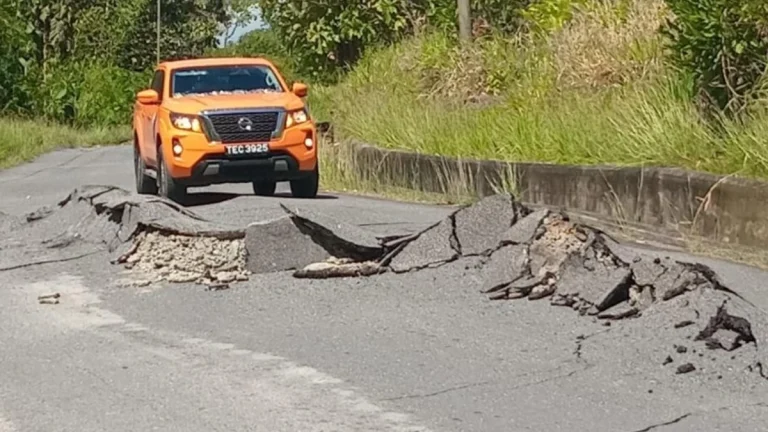 Road damage due to Piparo Mud Volcano in Trinidad and Tobago on December 24, 2025