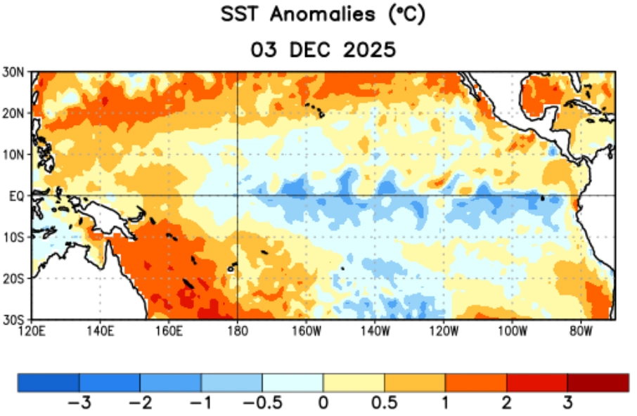 SSt anomalies December 3, 2025. Credit NOAA CPC