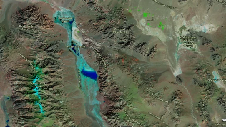 Satellite image of Lake Manly in Death valley California on December 1, 2025. Credit: NASA Worldview