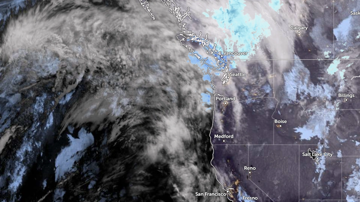 Satellite image of the Pacific Northwest as of 0800 UTC on December 4, 2025. Credit NOAA GOES-19, Zoom Earth The Watchers