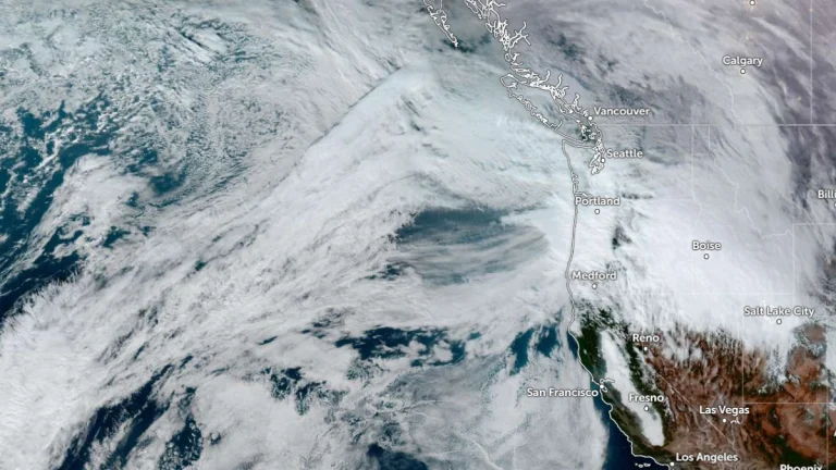 Satellite image of the first atmospheric river moving over the US West coast on December 5, 2025. Credit NOAA GOES-19, Zoom Earth, The Watchers