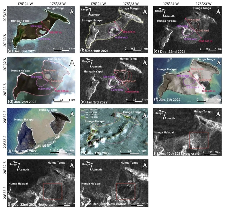 Satellite imagery showing the changing morphology of Hunga-Tonga and Hunga-Ha’apai islands during 2021-22 eruption
