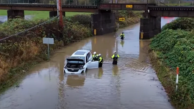 Snohomish County Fire District operatives assisting a stranded driver on a flooded road in West Washington on December 10, 2025.