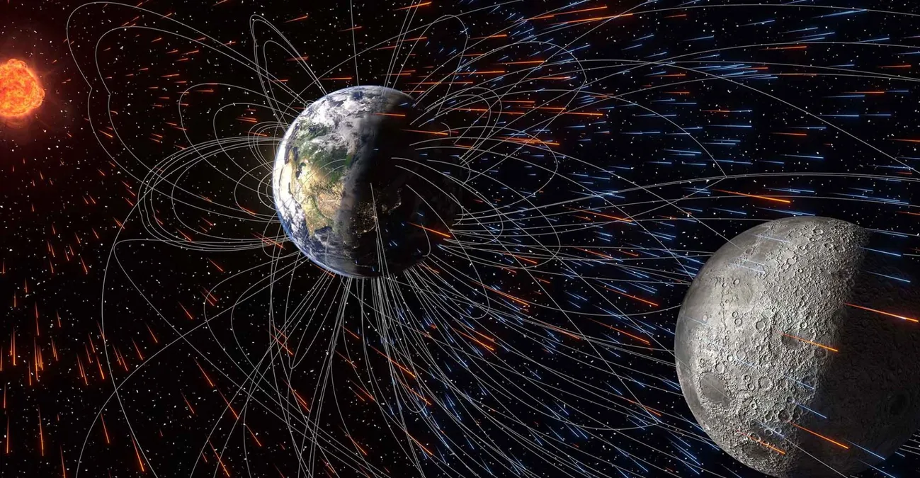 Solar wind (yellow-orange trails) strips ions from Earth’s upper atmosphere (sky-blue trails)