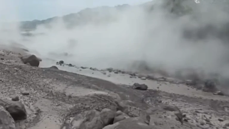 Steam rising from the Lahar on Mount Sumeru, Indonesia on December 21, 2025