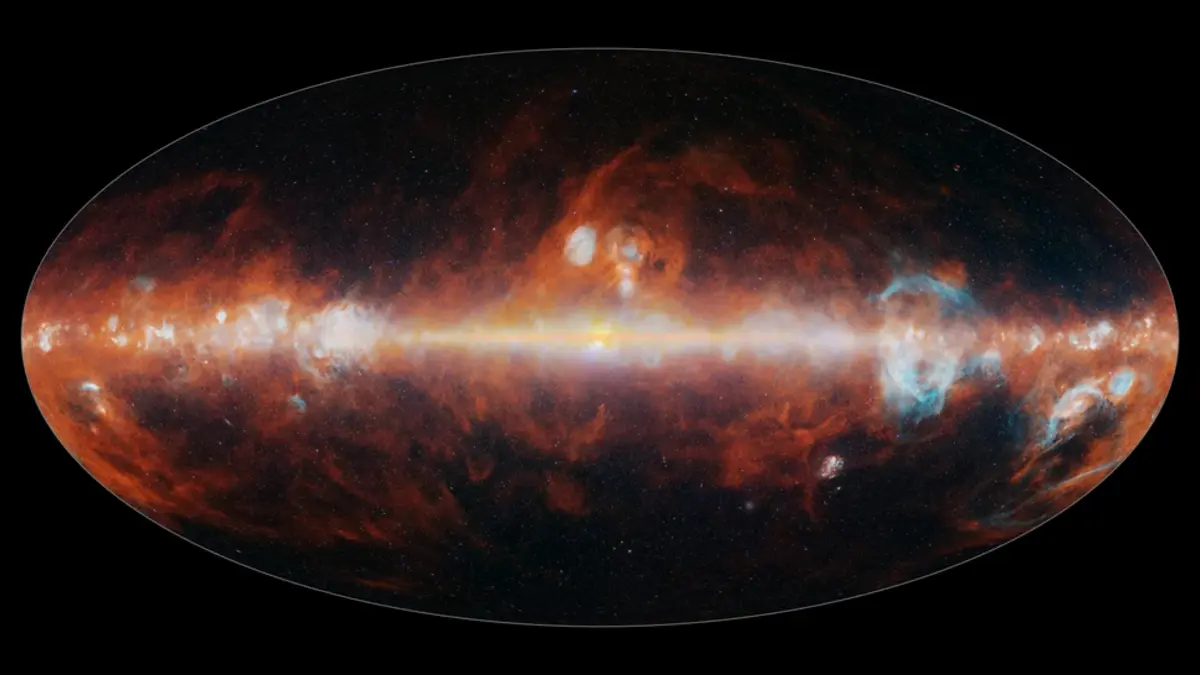 This image features a selection of colors emitted primarily by stars (blue, green, and white), hot hydrogen gas (blue), and cosmic dust (red)
