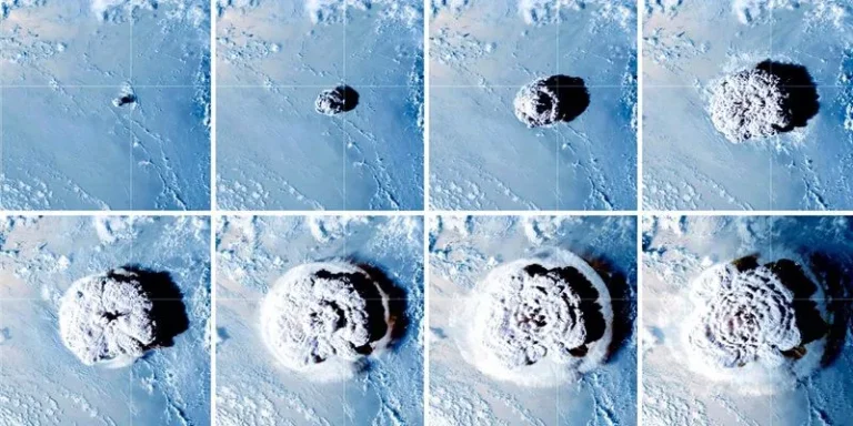 This sequence of still images from GOES-17 shows the plume at various stages on January 15, 2022