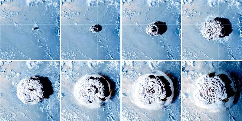 This sequence of still images from GOES-17 shows the plume at various stages on January 15, 2022