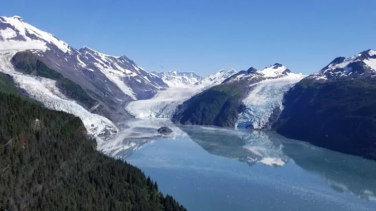 View of Barry Arm fjord from left to right: Cascade Glacier, Barry Glacier, and Coxe Glacier. The Barry Landslide hazard is the slope located between the Cascade and the Barry Glacier
