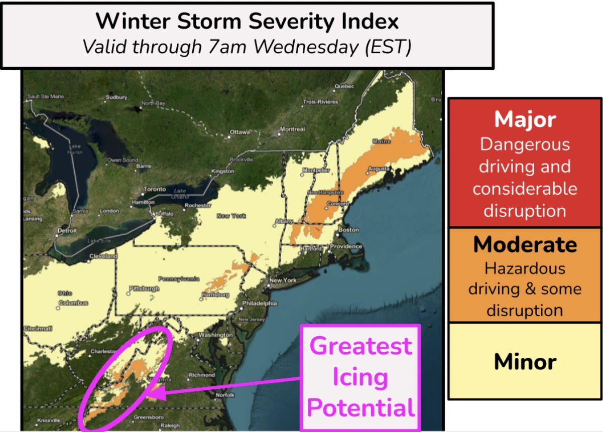 Winter Storm Severity index for U.S. Northeast due to early December nor'easter from December 1 to December 3, 2025
