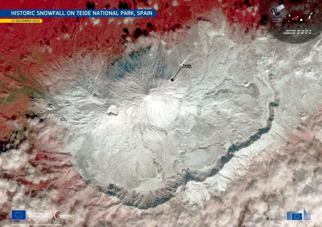 historic snowfall teide tenerife spain satellite image december 15 2025 bg