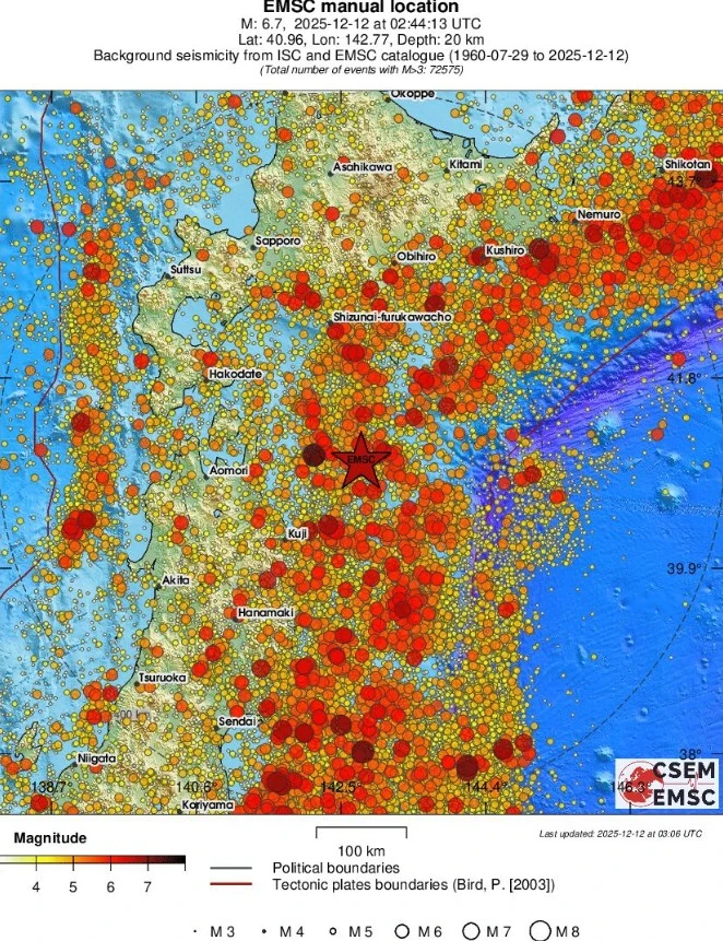 m6.7 earthquake honshu japan december 12 2025 emsc regional seismicity