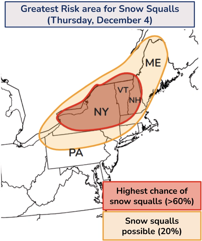snow squall forecast for the US Northeast on December 4, 2025