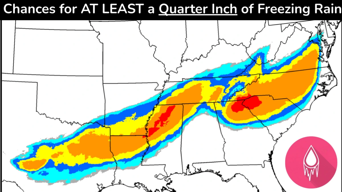 Chances of at least a quarter inch of freezing rain for the southern and southeastern USA, January 23-25, 2026