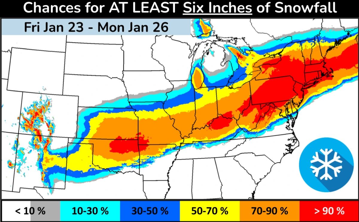 Chances of at least 6 inches of snow for southern, central, and northeastern USA, Jnaury 23-25, 2026