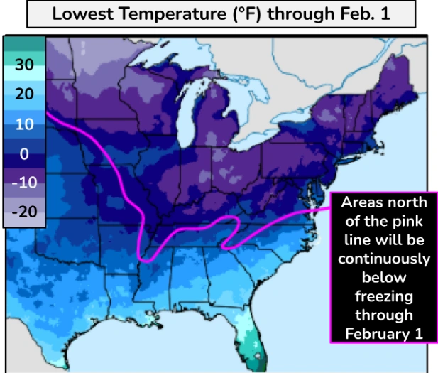 Lowest temperature forecast map through Feb1, 2026