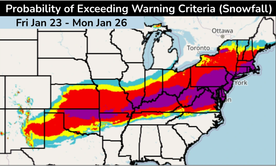Probablity of snowfall exceeding warning criteria Jan 23-26, 2026
