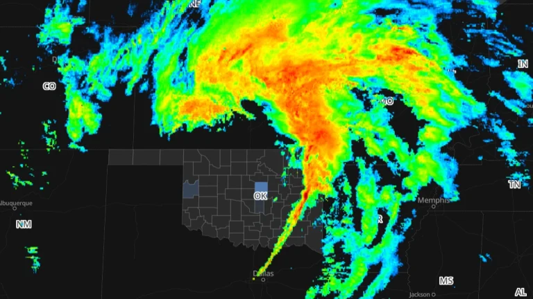 Radar map showing storm system moving out after spawning tornadoes causing power outages across Oklahoma on January 8, 2026