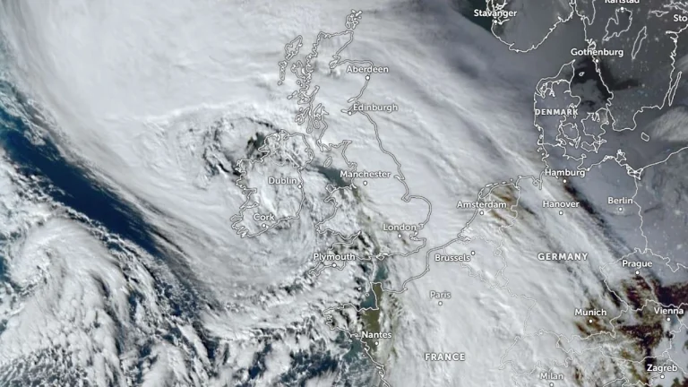 Satellite image of Storm Chandra moving over UK at 14:30 UTC on January 27, 2026