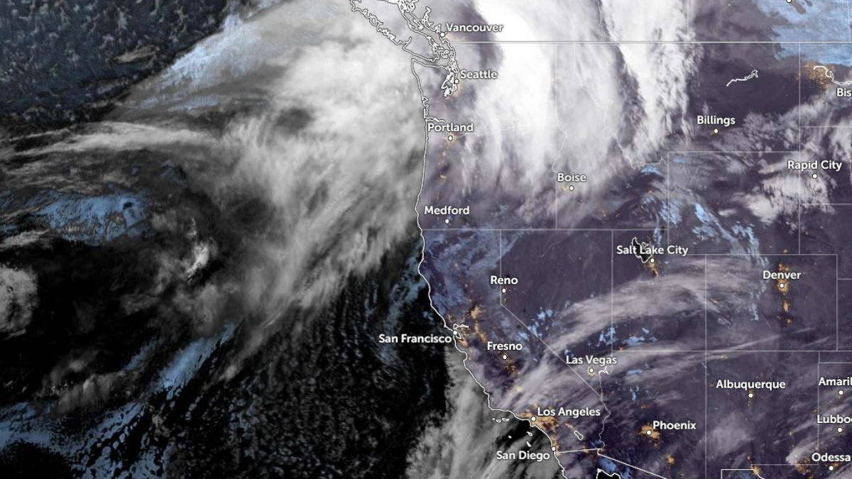 Satellite image of the U.S. West Coast as of 1200 UTC on January 6, 2025