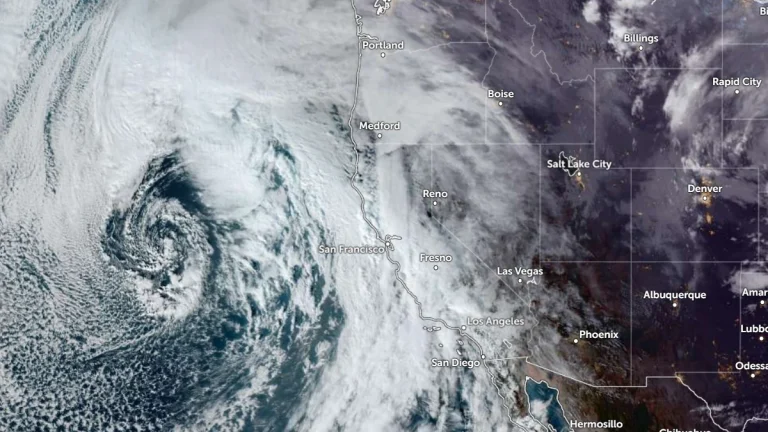 Satellite image of the atmospheric river moving over the California Coast on January 2, 2025. Credit: NOAA/GOES-19, Zoom Earth, The Watchers